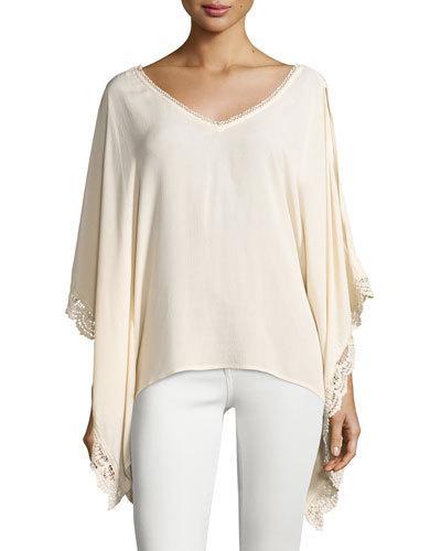 Crochet-trimmed Crisscross Poncho, Cream