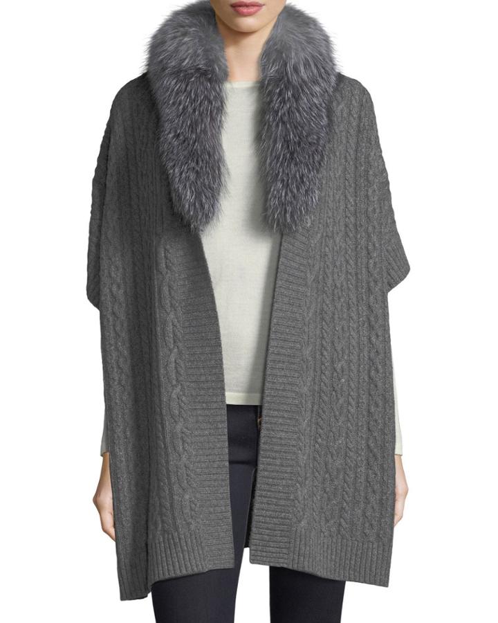 Luxury Cable-knit Cashmere Cape W/ Fox Fur Collar
