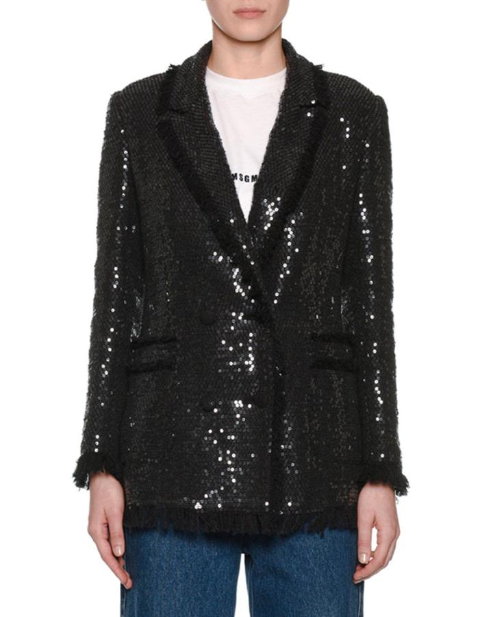 Sequin Double-breasted Blazer W/ Fringe