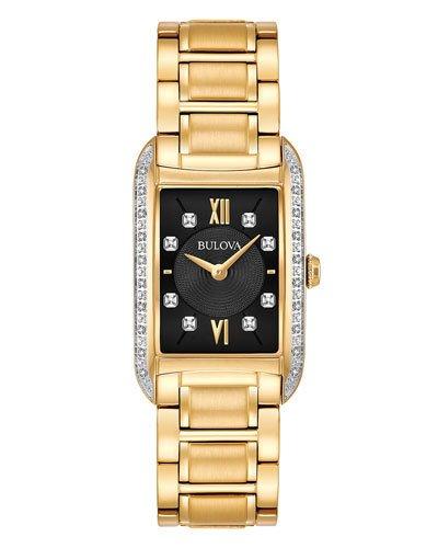 34mm Rectangular Bracelet Watch W/ Diamond Bezel, Yellow Golden