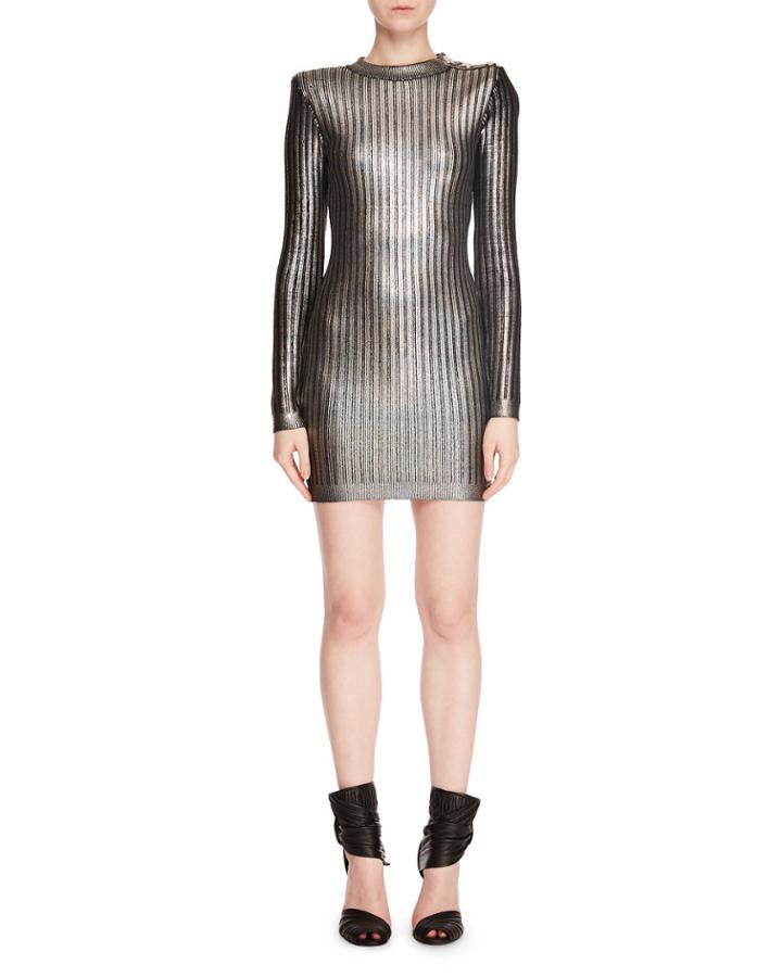 Long-sleeve Mock-neck Lacquered Vertical-stripe Mini Cocktail Dress
