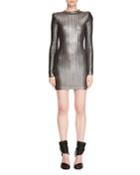 Long-sleeve Mock-neck Lacquered Vertical-stripe Mini Cocktail Dress