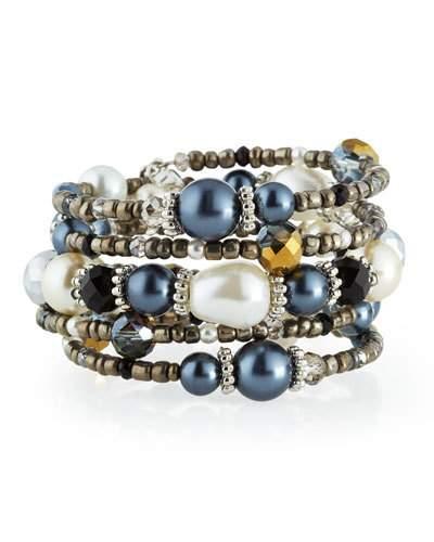 Mixed Crystal & Pearly Bead Wrap Bracelet, Gray