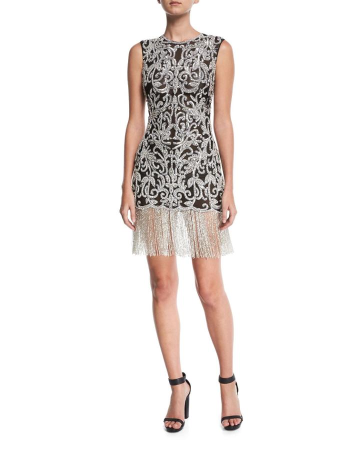 Sleeveless Beaded Damask Fitted Cocktail Dress