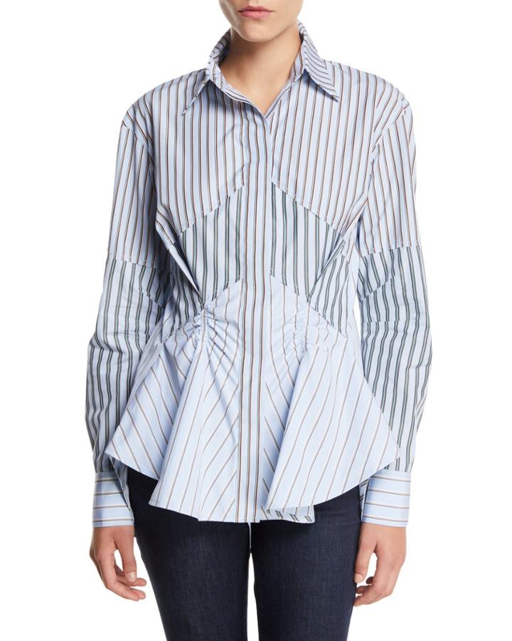 Striped Gathered Button-front Cotton