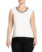 Ming Wang Plus Contrast-trim V-neck Knit Tank, White/black, Women's,