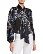 Cleone Printed Button-front Tie-neck Long-sleeve Top