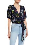 Leira Floral-print Short-sleeve Tie-waist Crop Top