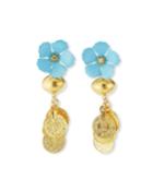 Blue Flower & Gold Coin Cluster Earrings