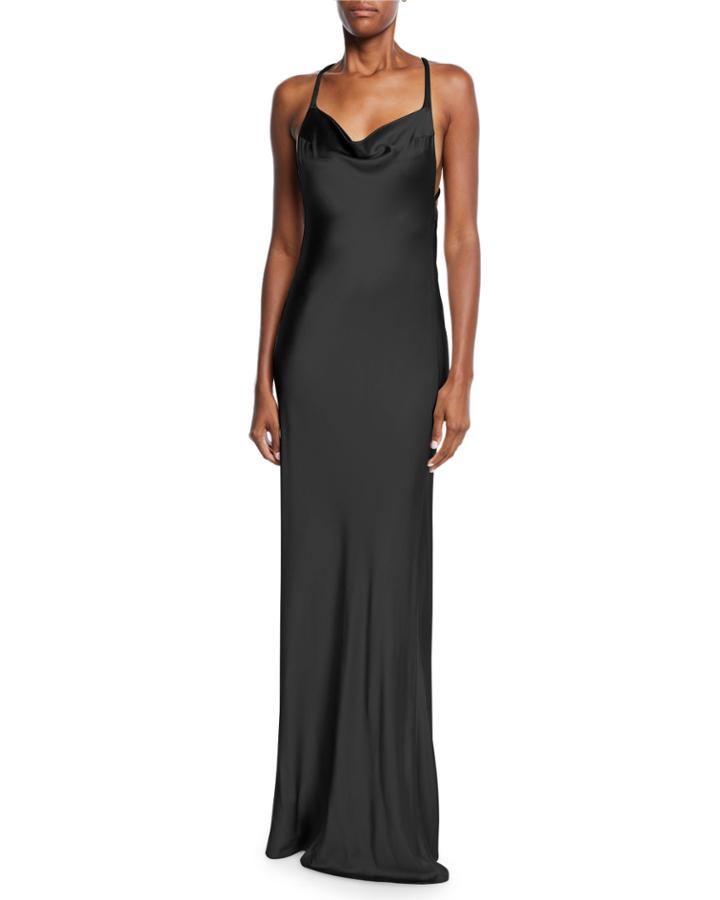 Sleeveless Shimmer-satin Asymmetric-back Gown