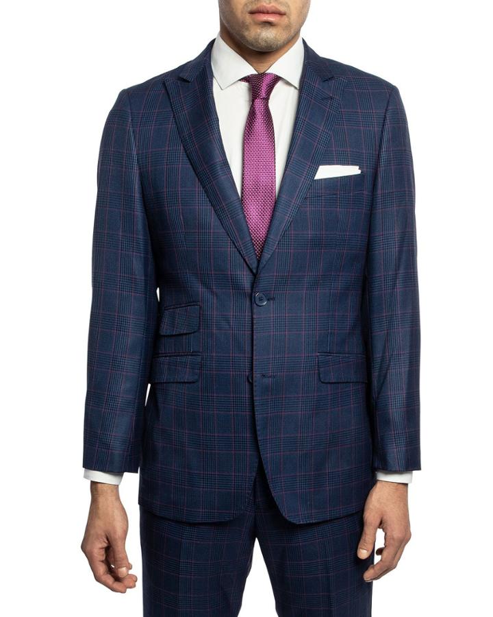 Men's Slim-fit Checkered Twill Two-piece Suit, Blue/pink