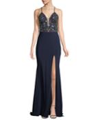 Embellished Lace-up Jersey Gown