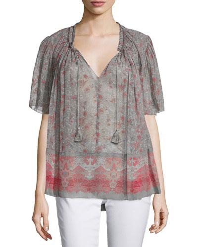 Short-sleeve Tassel-tie Printed Blouse