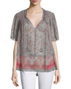 Short-sleeve Tassel-tie Printed Blouse