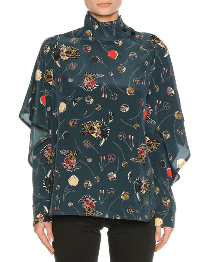 Funnel-neck Floral Silk Blouse, Blue Pattern
