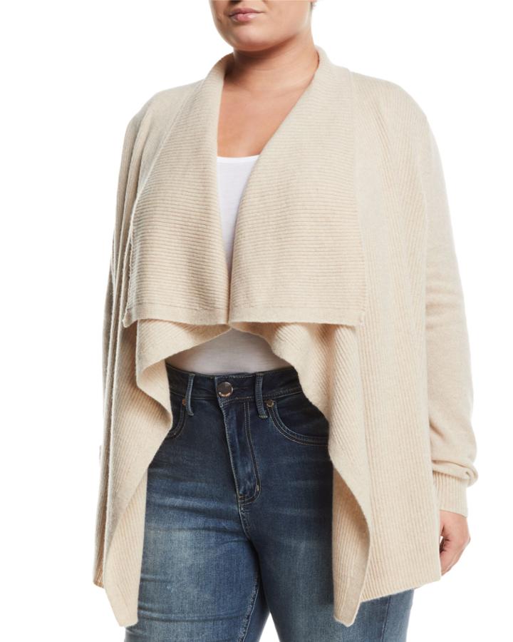 Cashmere Ribbed-trim Drape-front Cardigan, Beige,