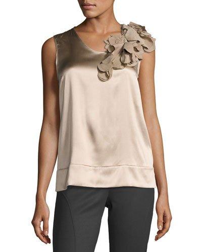 Biscotti Floral-appliqu&eacute; Satin Tank, Camel