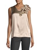 Biscotti Floral-appliqu&eacute; Satin Tank, Camel