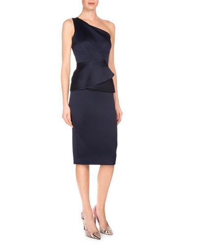 Anerly One-shoulder Double-face Satin Dress, Navy
