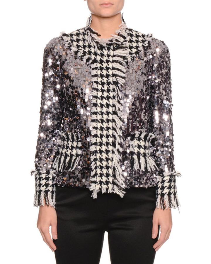 Long-sleeve Paillette Houndstooth-trim Jacket