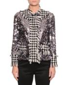 Long-sleeve Paillette Houndstooth-trim Jacket