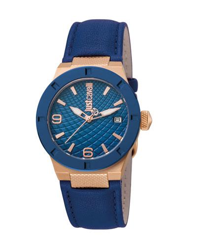 34mm Rock Watch W/ Leather Strap, Rose Golden/navy