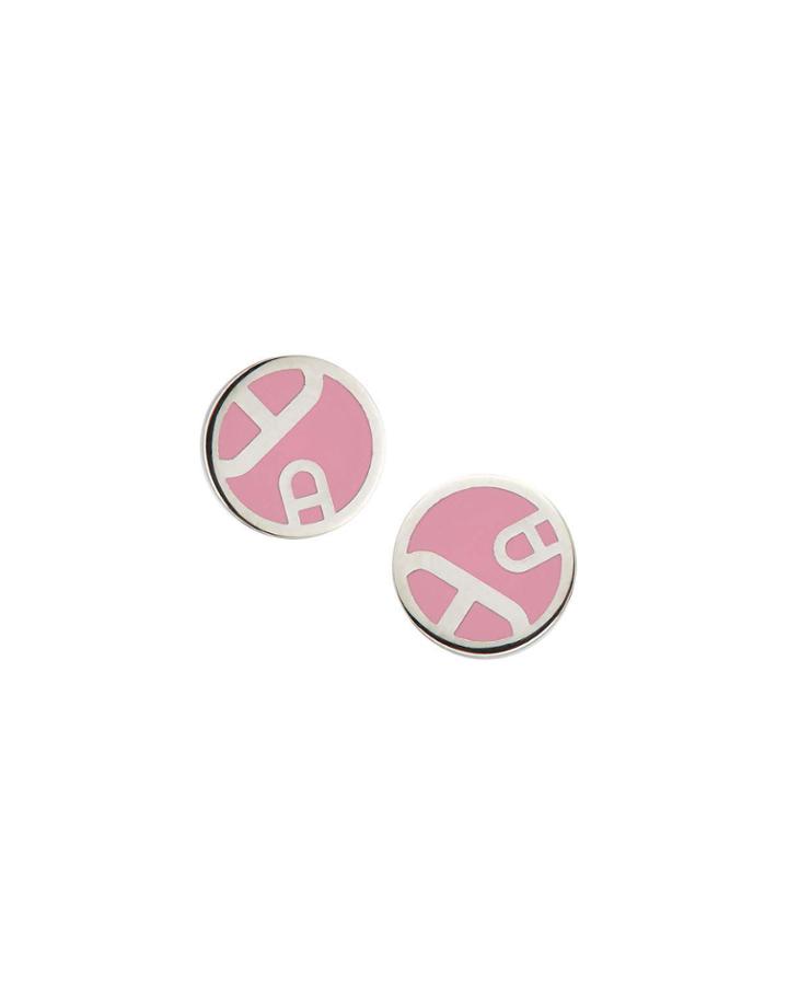 Estate Round Enamel Earrings, Pink/silver