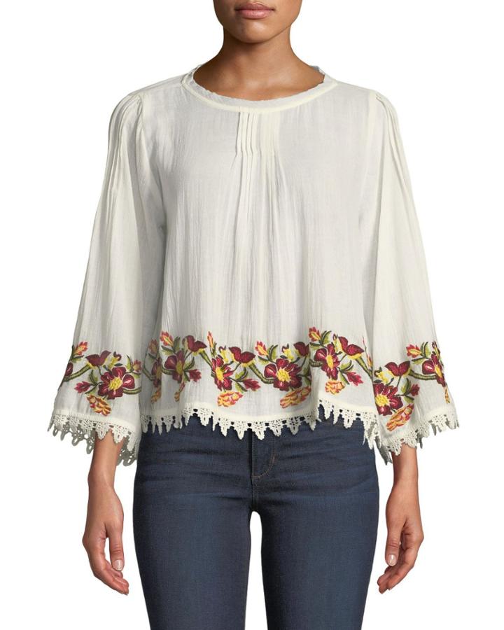 Embroidered Scoop-neck Cotton Blouse
