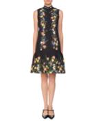 Nena Band-collar Sleeveless A-line Floral-jacquard Dress