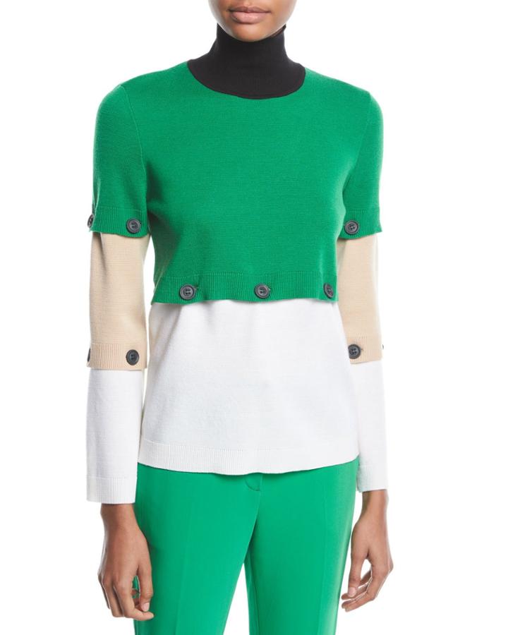 Button-off Colorblocked Turtleneck Wool