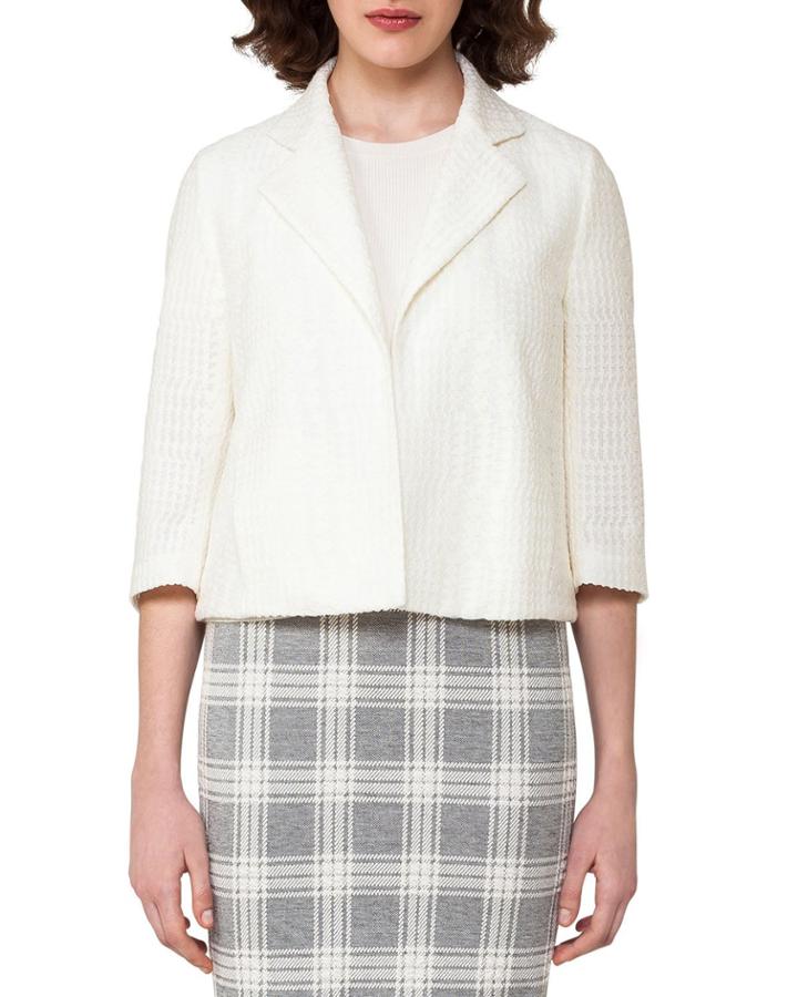 Check-embroidered 3/4-sleeve Cropped Jacket, Off White