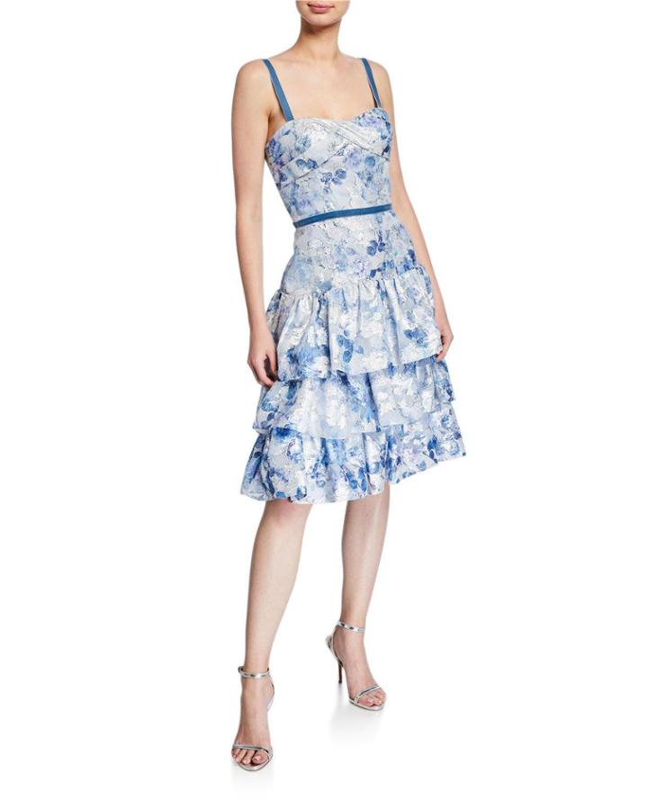 Metallic Printed Fils Coupe Tiered Tea-length Cocktail Dress