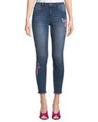 Connie Floral-embroidered Ankle Skinny Jeans W/ Fray Hem