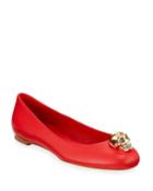 Skull Ornamented Leather Ballet Flats, Red