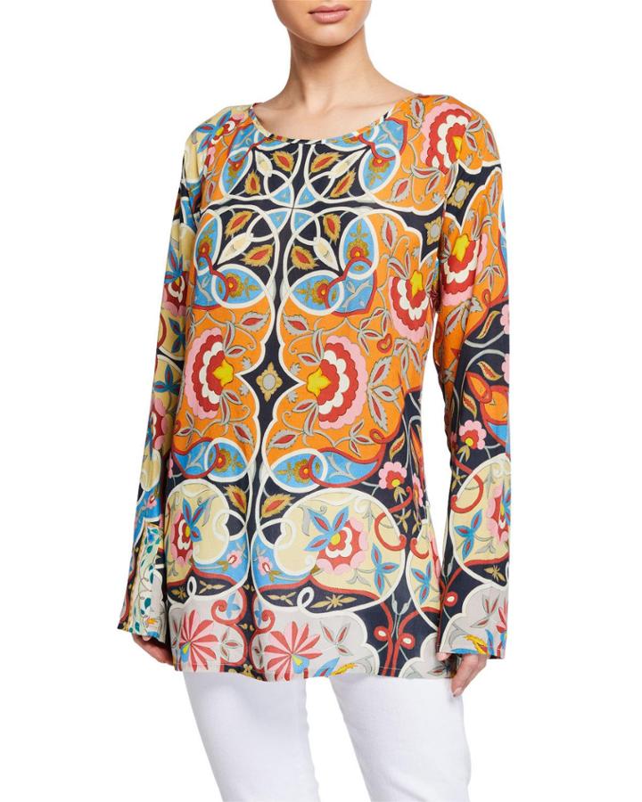 Lentine Long-sleeve Printed Challis Tunic Blouse