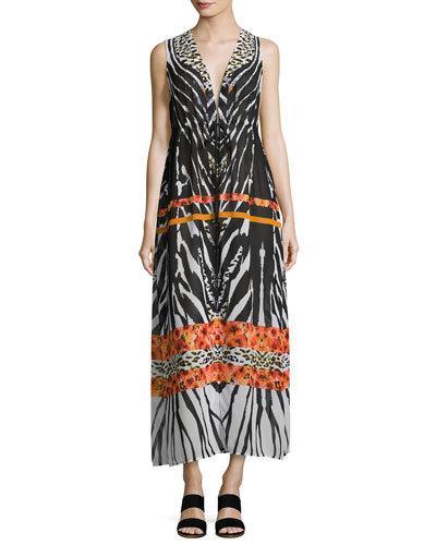 V-neck Graphic-print Caftan Dress, Orange Pattern