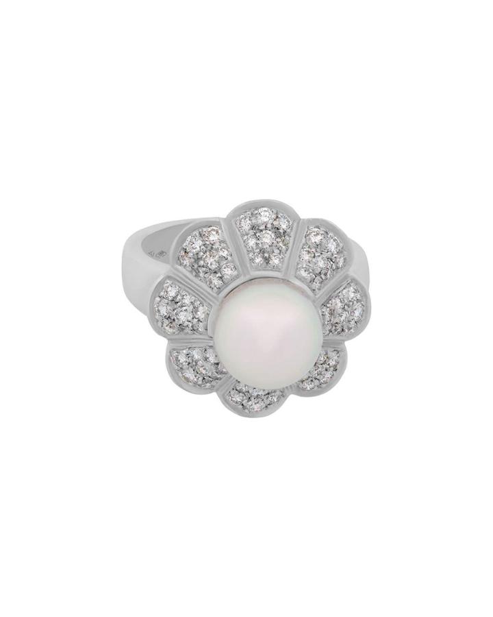 18k White Gold Pearl & Diamond Flower Ring,