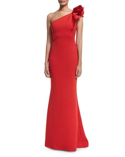Pleated One-shoulder Column Gown