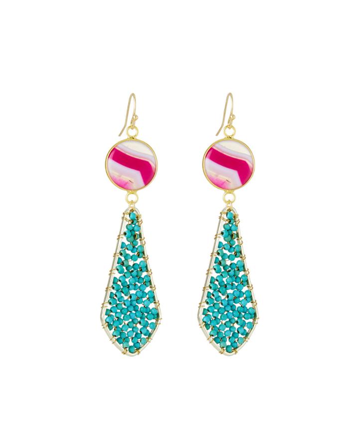 Beaded Double Stone-drop Earrings, Fuchsia/turquoise