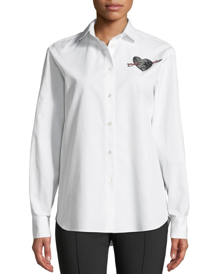 Long-sleeve Button-front Poplin Shirt With Love-heart Embroidery