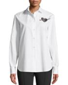 Long-sleeve Button-front Poplin Shirt With Love-heart Embroidery