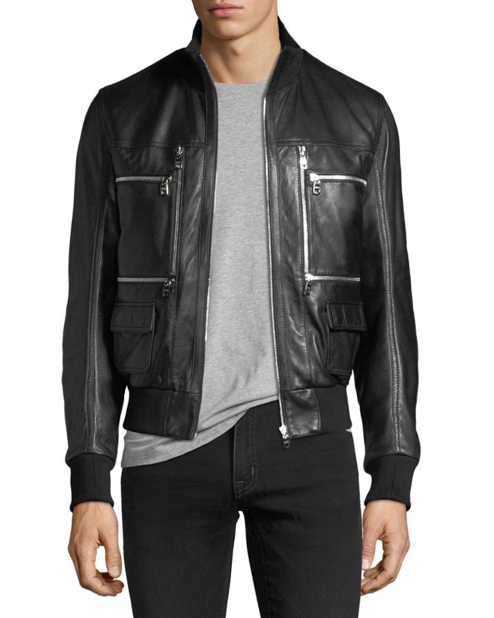 Leather Bomber Jacket With Zipper Pockets