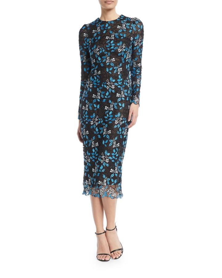 Long-sleeve Floral-lace Tea-length Cocktail Dress