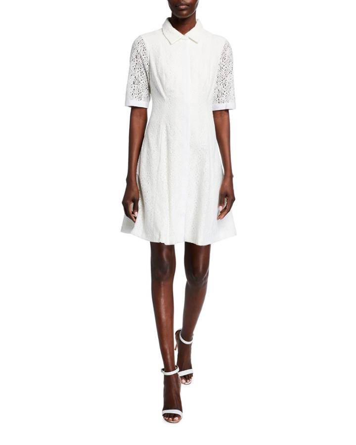Button-up Short-sleeve Lace A-line Dress