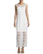 Floral-lace Sleeveless Maxi Dress, Creme