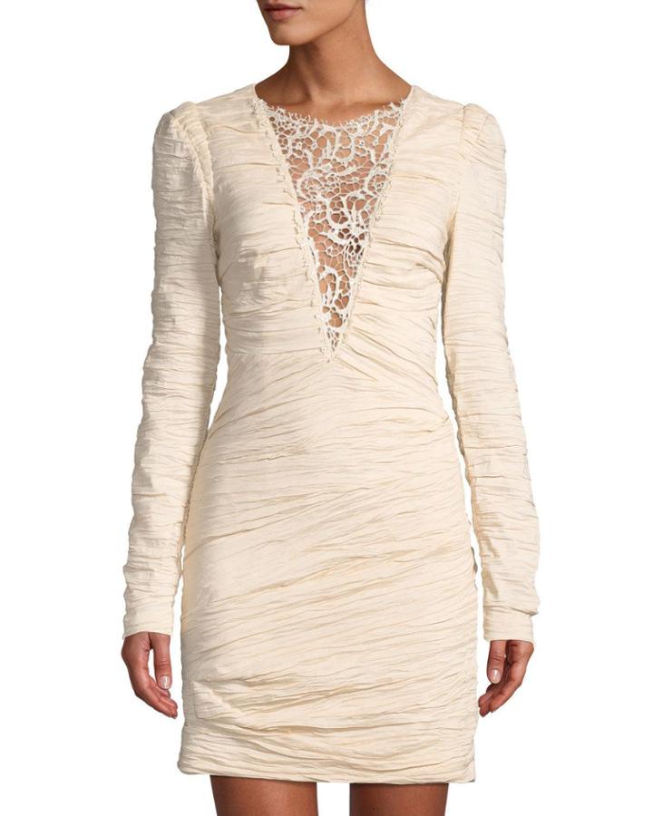 Crinkle-charmeuse Lace-neck Mini Dress,