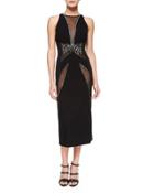 V-neck Mesh-insert Sheath Dress, Black