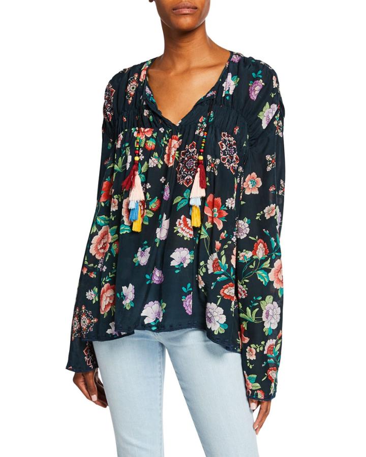Petite Harley Floral-print Long-sleeve Tassel-tie Top
