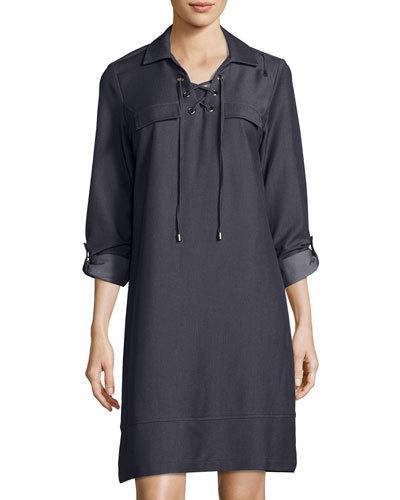 Lace-up Placket Chambray Shirt Dress, Navy