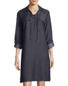 Lace-up Placket Chambray Shirt Dress, Navy